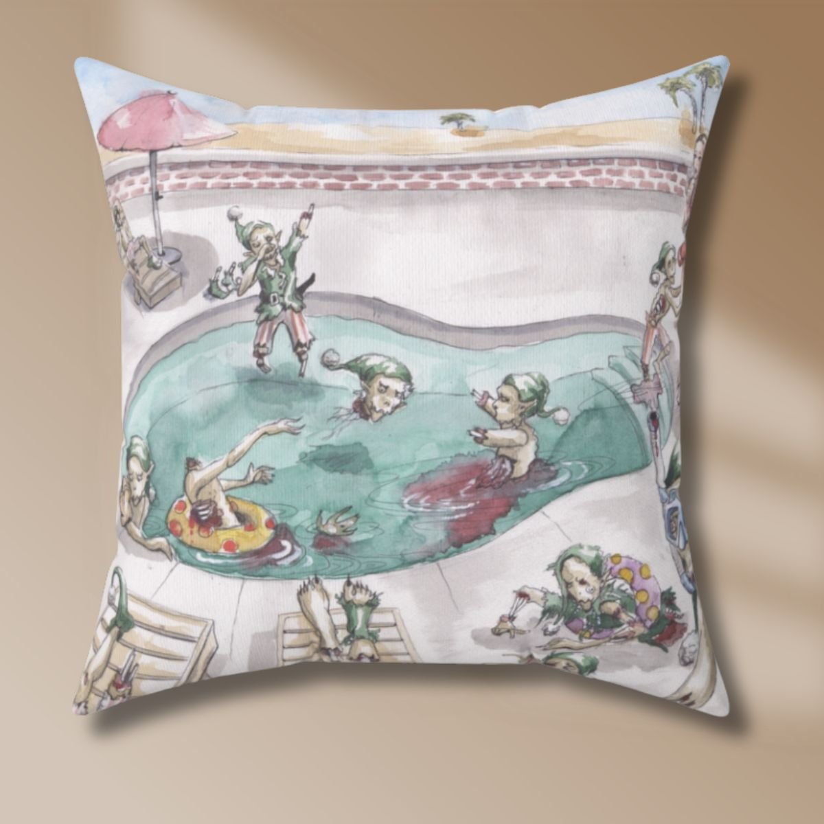 Zombie elves frolicking in a swimming pool, hand-painted on a pillow