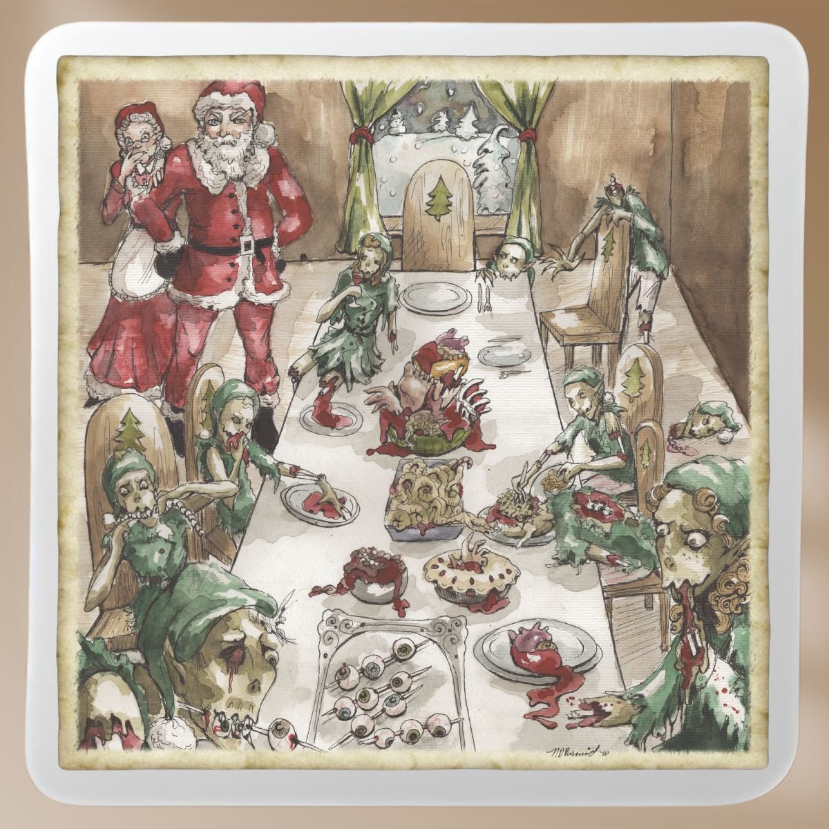 Santa and Mrs. Claus shocked as zombie elves ruin Thanksgiving dinner on a hand-painted sticker