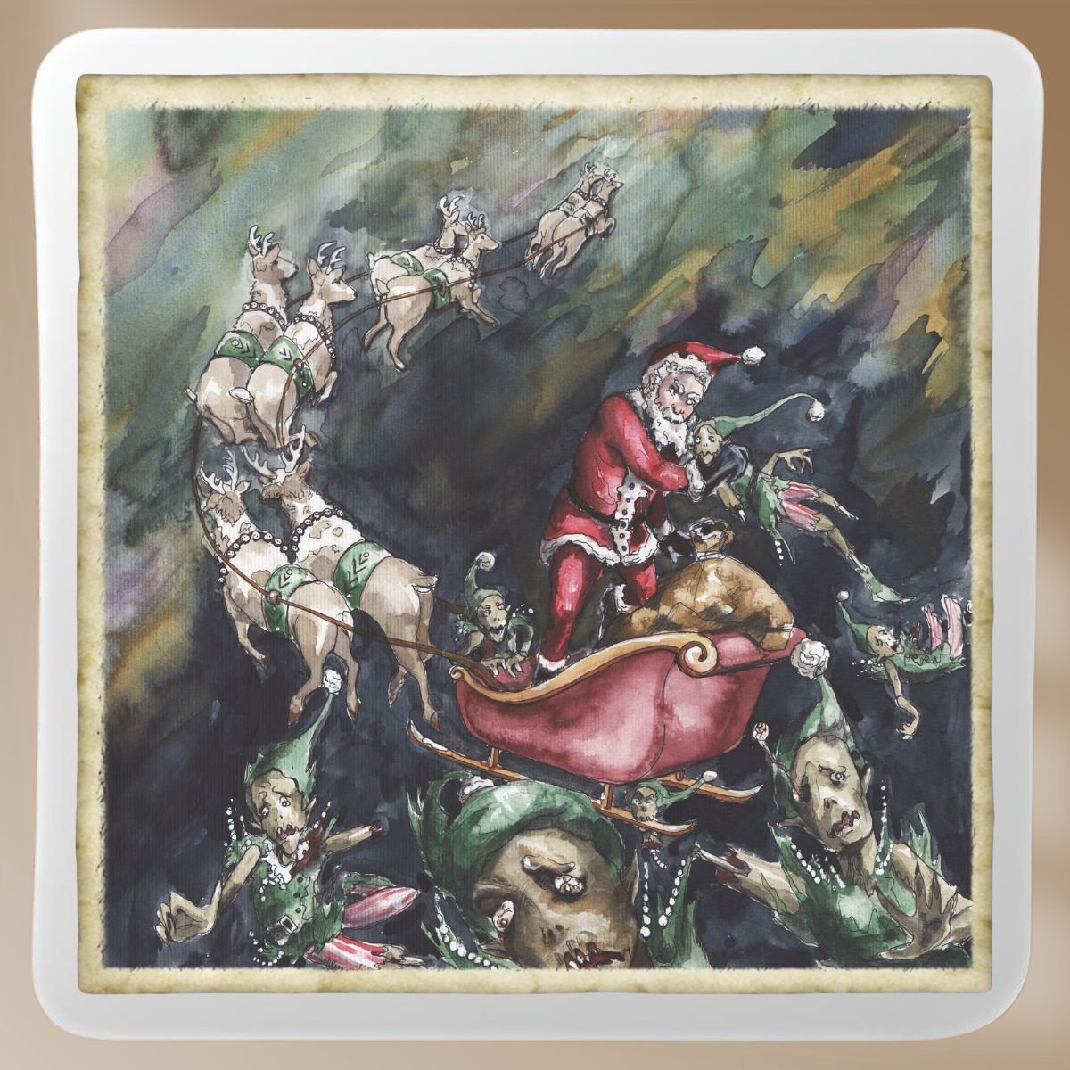 Santa attacked by zombie elves on his sleigh in a hand-painted sticker