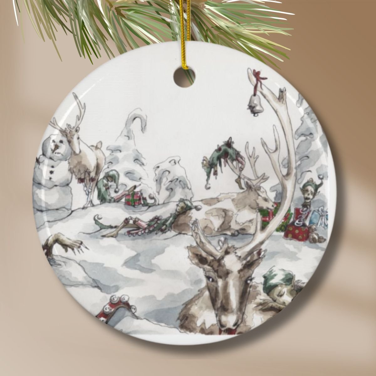 Zombie elves and reindeer lying in mystical snow, exhausted in January hand-painted on a Christmas ornament