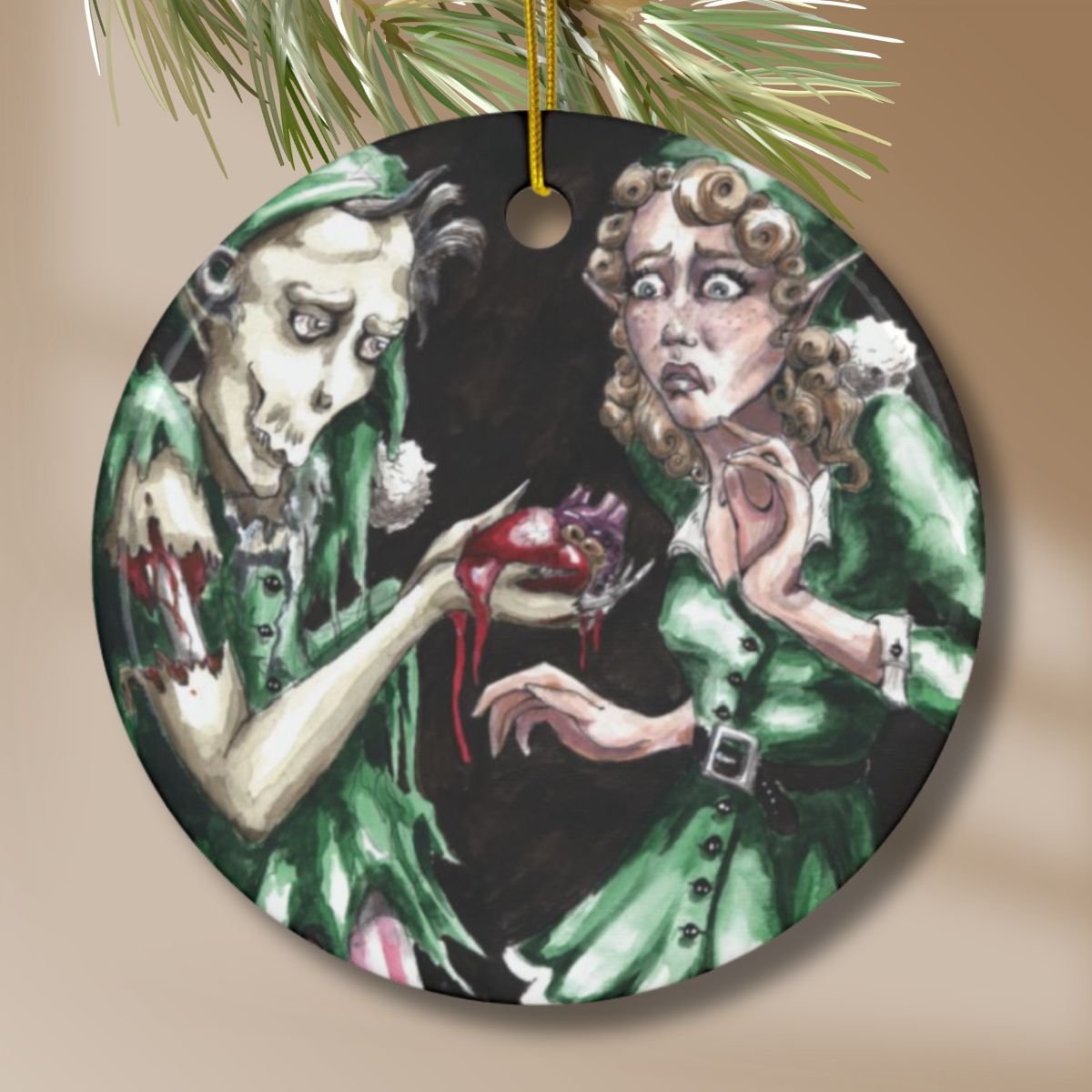 Male zombie elf literally handing his heart to a female elf on Valentine's Day hand-painted on a Christmas ornament