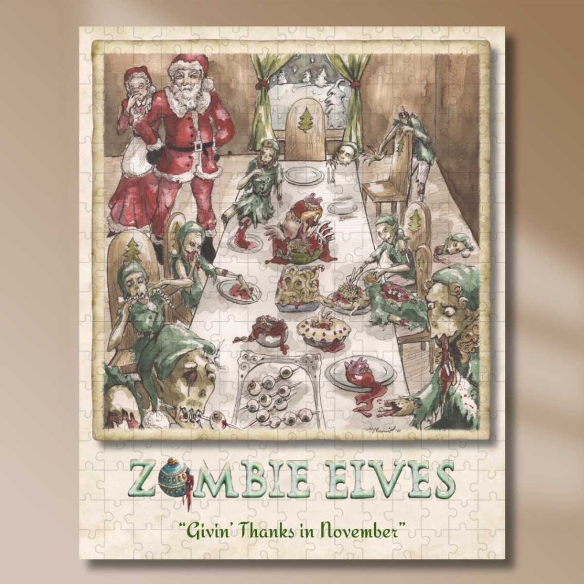 Santa and Mrs. Claus shocked as zombie elves ruin Thanksgiving dinner on a hand-painted puzzle